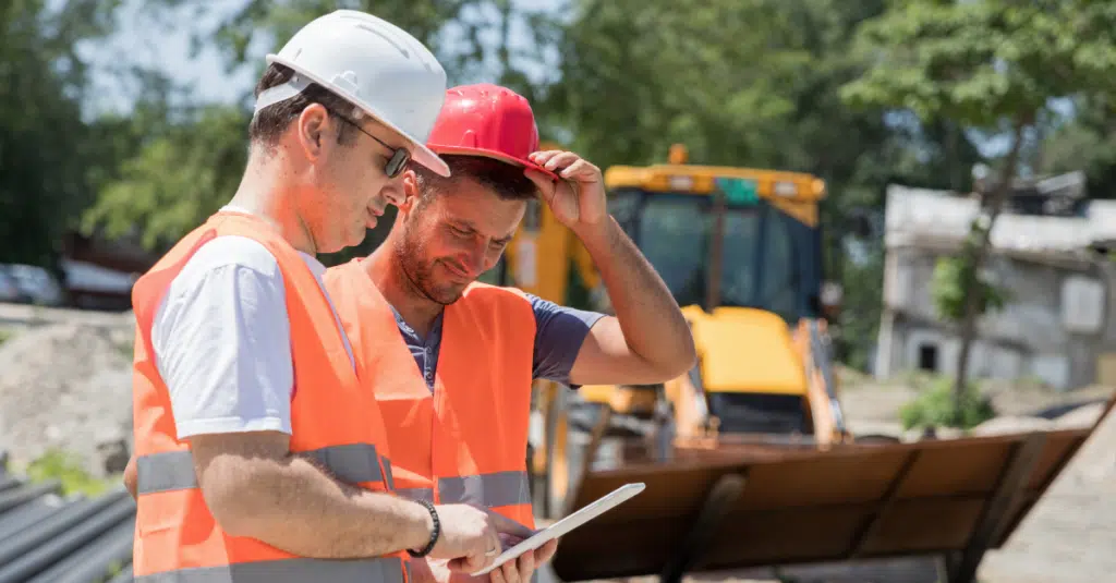 Construction: Visualize Your Data Daily with Custom Reporting and Dashboards 1 Construction crew working on a project and reviewing data.